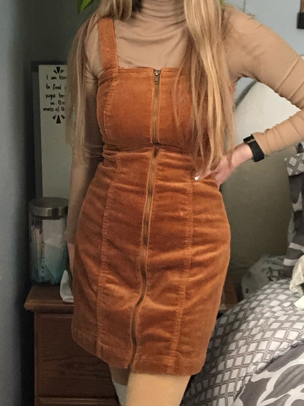 SO XS brown corduroy zip up overall dress